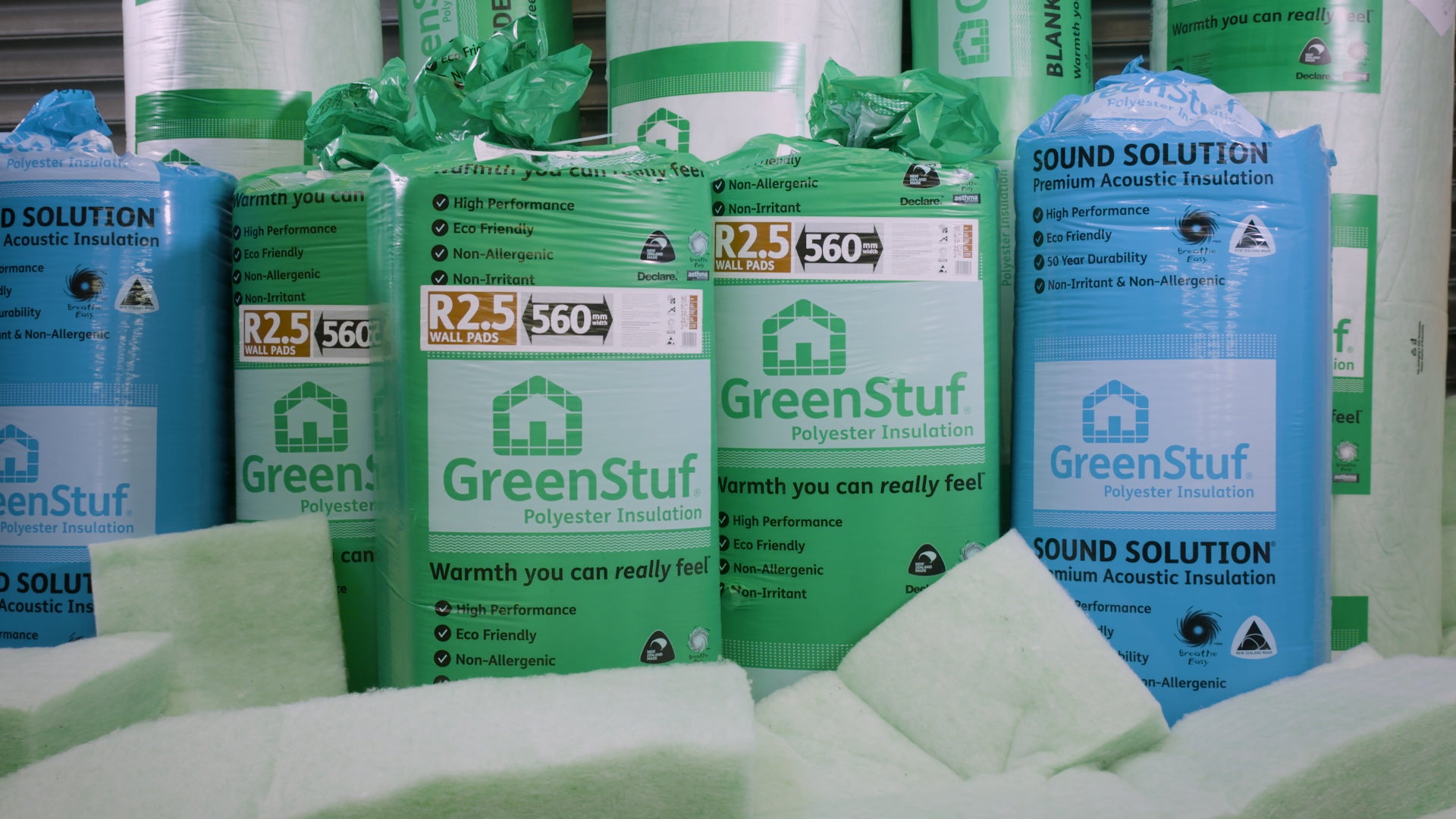 GreenStuf Polyester Insulation product range — wall batts and acoustic insulation in stock